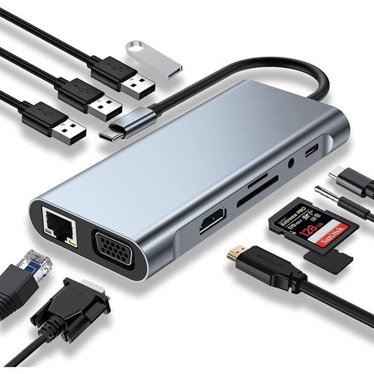 SANPTENT USB C Hub, 11-in-1 Docking Station Multiport Adapter, 4K HDMI-compatible VGA 4 USB Data Transfer Ports 100W PD Charging, Audio SD/TF for MacBook Pro Air USB C