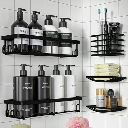 Sakugi Corner Shower Caddy - Adhesive Shower Organizers, Rustproof Stainless Steel Shower Shelves with 8 Hooks