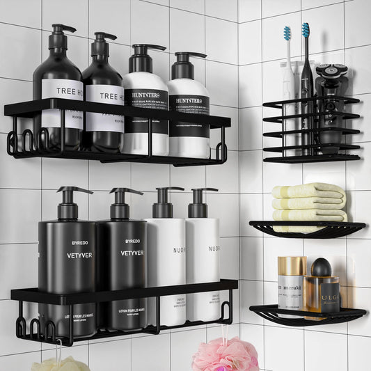 Sakugi Corner Shower Caddy - Adhesive Shower Organizers, Rustproof Stainless Steel Shower Shelves with 8 Hooks
