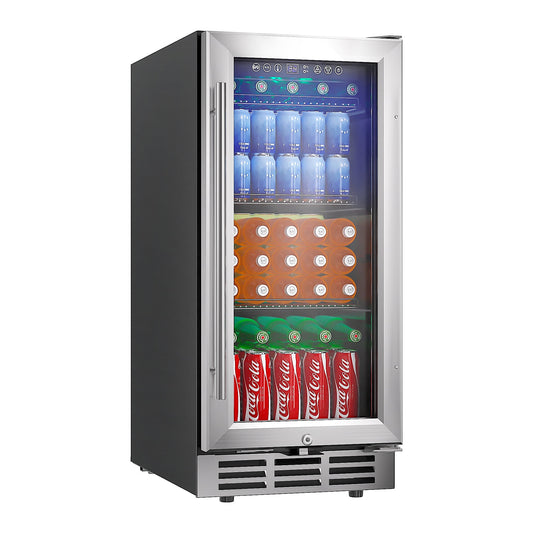 Simzlife 15'' Beverage Refrigerator Cooler, 100 Cans Beverage Fridge with Glass Door, Built-in or Freestanding, 24.3 in W, 33.7 in H