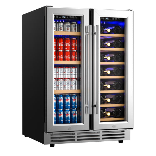 Simzlife 24 Inch Dual Zone Beverage Refrigerator with Glass Door Hold 21 Bottles&88 Cans, Built in or Under Counter Wine Fridge