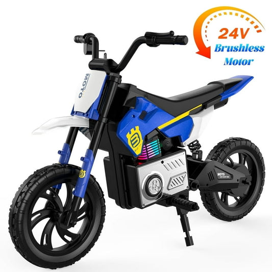 Skyhot 24V Electric Dirt Bike for Kids, 15 MPH Electric Motorcycle Beginners Friendly, Power Display, Brushless Electric Machine, Rear Spring Suspension, 2-Speed Modes for Kids Ages 3-8, Blue