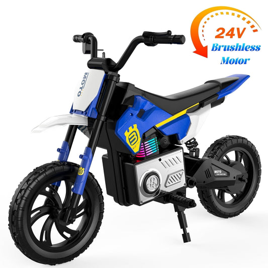 Skyhot 24V Electric Dirt Bike for Kids, 15 MPH Electric Motorcycle Beginners Friendly, Power Display, Brushless Electric Machine, Rear Spring Suspension, 2-Speed Modes for Kids Ages 3-8, Blue