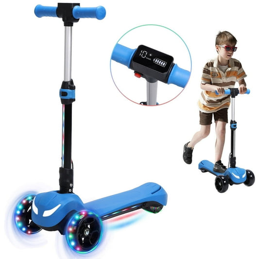 Skyhot Electric Scooter for Kids w/LCD Screen, Premium Front Light and Wheel Lights/3 Adjustable Heights Scooter for Kid, Thumb Throttle, Powerful Motor, Foldable Kids Electric Scooter, Blue