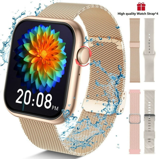 Smart Watch for Android and iPhone,1.96" Fitness Tracker Smartwatch for Women Men 100+ Sports Modes with Answer Make Calls/Message Reminder,IP68 Waterproof 4 Watch Bands, Milano Steel Band (Gold )