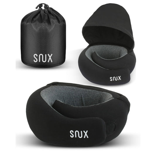 Snux Travel Neck Pillow with Hood - 360 Neck Support - Memory Foam - Hooded Travel Pillow (Black)