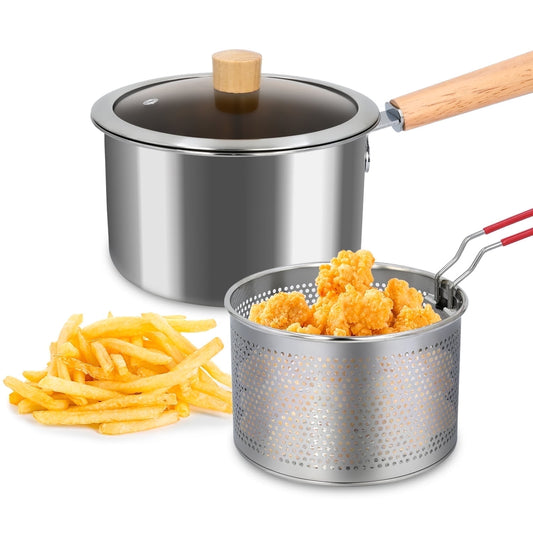 Soulgenix Deep Fryer Pot, 3QT Fry Pot with Basket 304 Stainless Steel, Lid with View Window