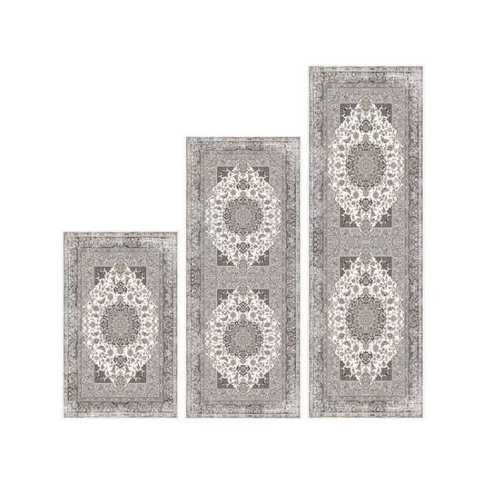 Soulgenix Kitchen Rug Sets [3 Pcs], Boho Kitchen Rug with Non Slip Back, Foldable Kitchen Mats for Living Room, Runner Rug Floor Carpet for Hallway Laundry, Grey