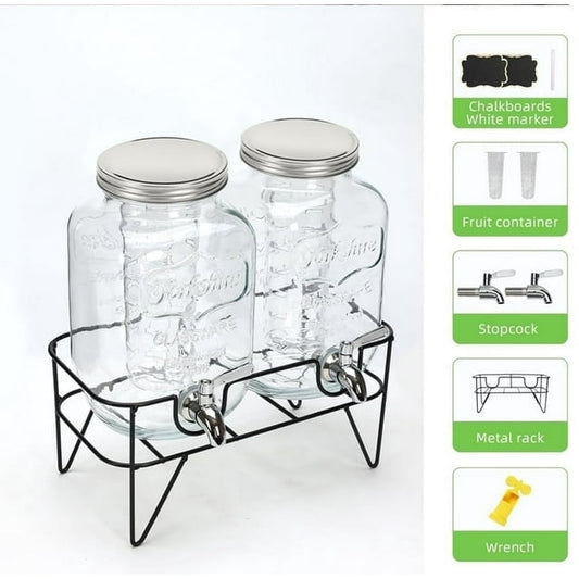 Soulgenix 1Gallon Glass Drink Dispensers 2-Pack, Beverage Dispenser Set for Parties with Stand and Stainless Steel Spigot, Lemonade Glass with Ice Cylinder