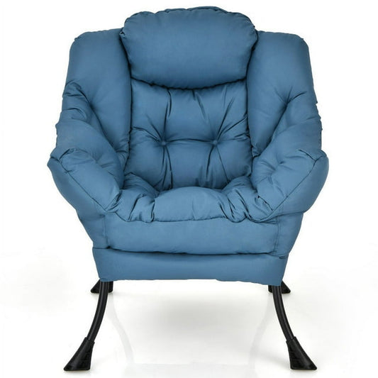 Spaco Modern Polyester Fabric Lazy Chair, Accent Oversized Comfy Reading Chair, Thick Padded Cozy Lounge Chair with Steel Frame and Side Pocket for Living Room, Bedroom, Dorm, Navy