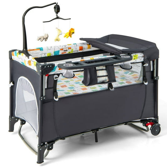 Topcobe 5-in-1 Baby Nursery Center Foldable Toddler Bedside Crib with Music Box, Playpen for Babies and Toddlers-Gray