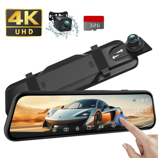 UDH 10" Rear View Mirror Dash Cam Front and Rear with Touch Screen, 4K+1080P Dash Camera for Cars & Trucks, Dashcam with Voice Control, Night Vision, Parking Guide, Includes 32GB SD Card - Black