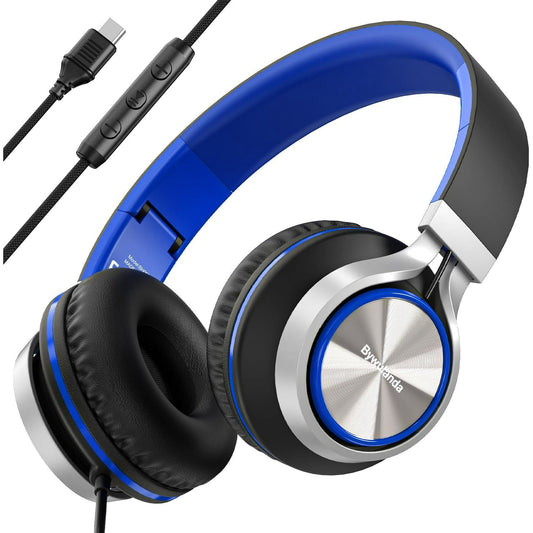 USB C Headphones with Mic and Volume Control, Over Ear Stereo Headsets, Wired Foldable Headphones for Smartphones Chromebook Laptop Tablets Travel(Black/Blue)