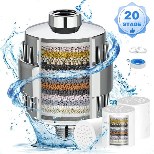 Qissep Universal 20 Stage Shower Filter for Hard Water,with 3 Replaceable Filter Cartridges,Easy to Install,Reduces Dry Skin
