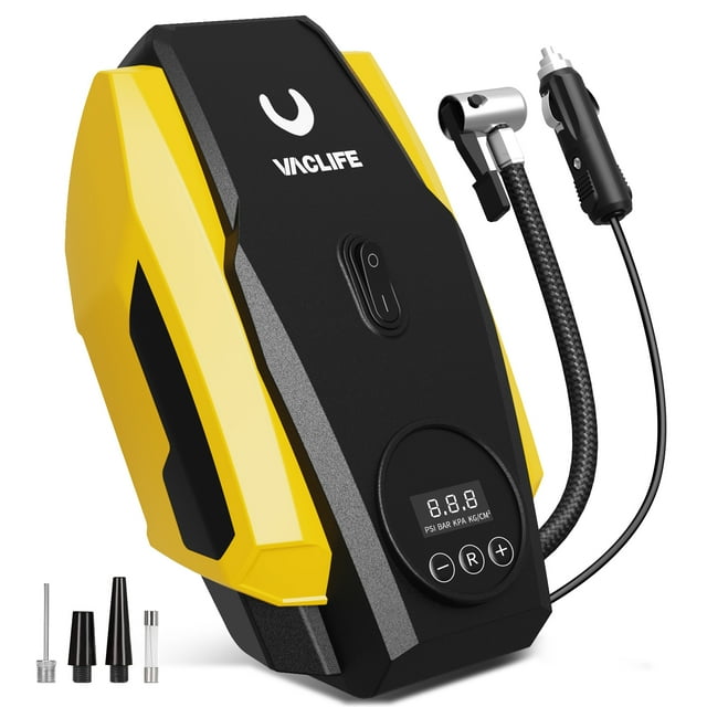 VacLife Tire Inflator Portable Air Compressor - Air Pump for Car Tires - 12V DC Compact Tire Pump with Auto Shutoff Function - Multipurpose Car Accessory with LED Light, Yellow (VL718)