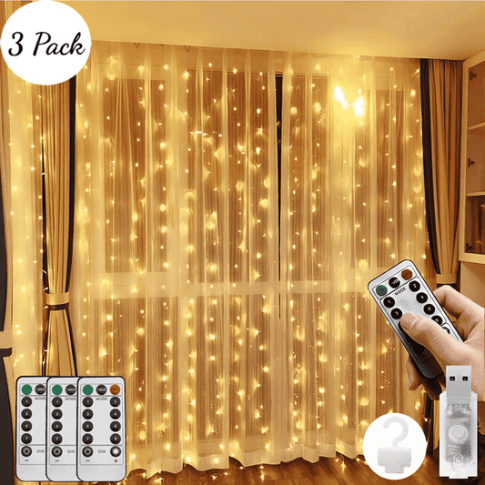 Window Curtain String Light for 3 Pack, ,300 LED Outdoor Indoor Wall Decoration，8 Modes Fairy Lights USB Remote Control Lights,Warm white(9.9x9.9 Ft)