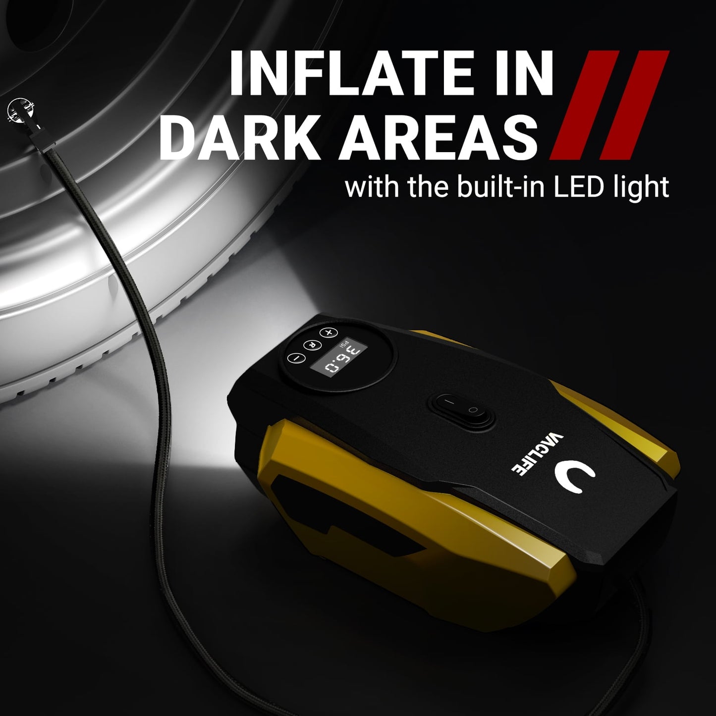 VacLife Tire Inflator Portable Air Compressor - Air Pump for Car Tires - 12V DC Compact Tire Pump with Auto Shutoff Function - Multipurpose Car Accessory with LED Light, Yellow (VL718)