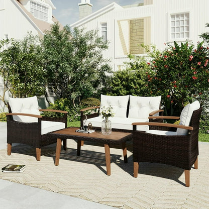 Kadyn 4-Piece Patio Seating Set, Patio Furniture Set, Patio Furniture Set, Wicker Garden Furniture with Wood Table and Legs, PE Rattan Outdoor Sofa Set for Balcony, Beige