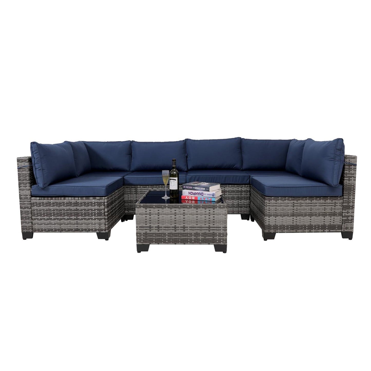 Hommoo 7-Piece Outdoor Patio Furniture Sets, All-Weather Wicker Rattan Sectional Sofa with Glass Coffee Table and Washable Seat Cushion, Gray&Blue