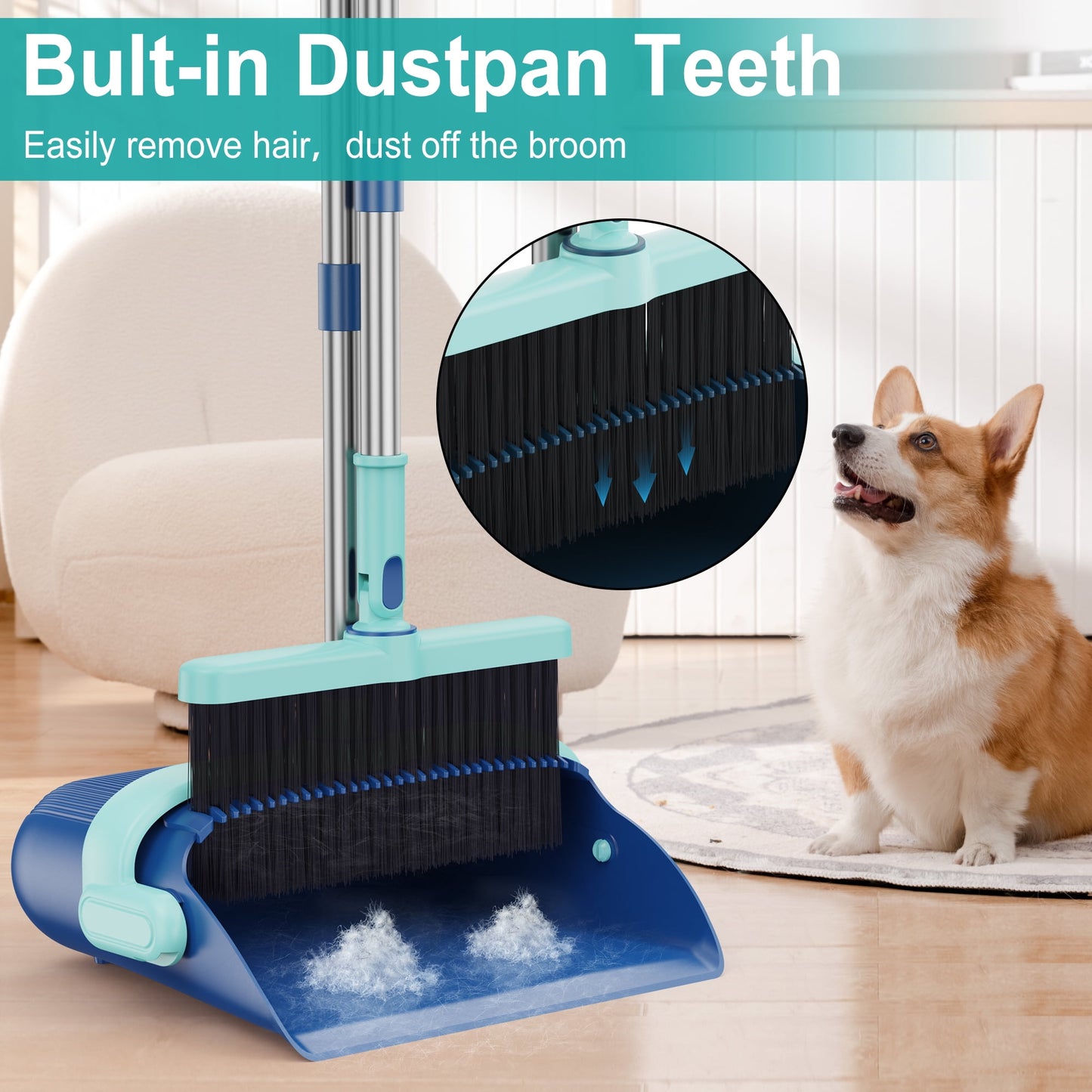 MYSPRI Broom and Dustpan Set for Home, Stand up Broom and Dust Pan Combo Set with Long Handle for Kitchen Office Floor Cleaning