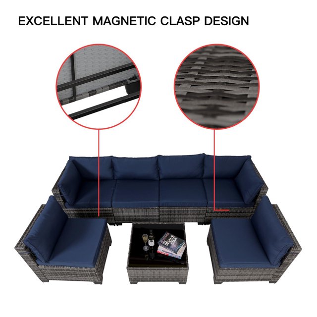 Hommoo 7-Piece Outdoor Patio Furniture Sets, All-Weather Wicker Rattan Sectional Sofa with Glass Coffee Table and Washable Seat Cushion, Gray&Blue