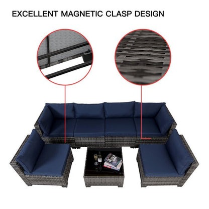 Hommoo 7-Piece Outdoor Patio Furniture Sets, All-Weather Wicker Rattan Sectional Sofa with Glass Coffee Table and Washable Seat Cushion, Gray&Blue