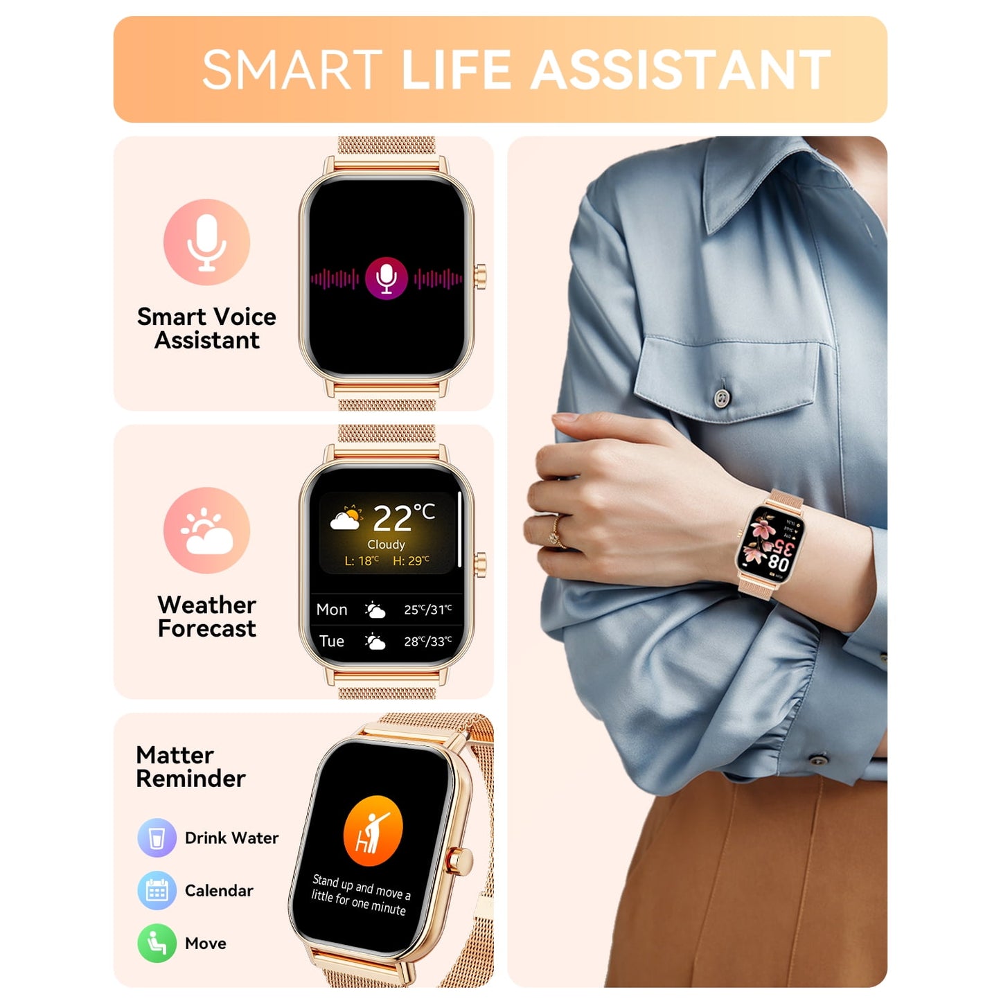 Mingwear 1.85-inch Women's Smartwatch, Fitness Tracker for Android and Iphone, IP68 Water Resistant, 100 Sport Modes with Answer/Dial/Message Alerts (Milanese Steel Band)