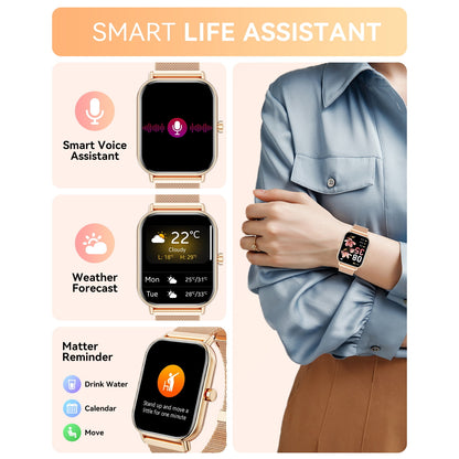 Mingwear 1.85-inch Women's Smartwatch, Fitness Tracker for Android and Iphone, IP68 Water Resistant, 100 Sport Modes with Answer/Dial/Message Alerts (Milanese Steel Band)