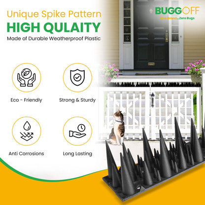 Bird & Rodent Spikes, Unique spike pattern effectively deters pesky Pigeons, Squirrels, Raccoons. Installs on fences, gates, roofs, walls and more! (15 Feet, Green Plastic)