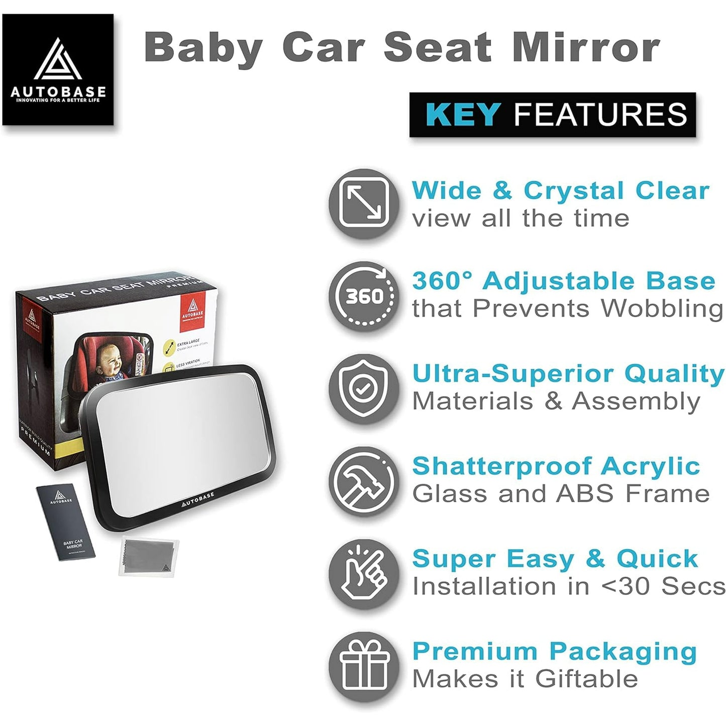 Autobase Baby Car Mirror | Shatterproof Baby Mirror for Car Seat Rear Facing with Wide Crystal Clear View | Fully Assembled Car Mirror for Baby | Newborn Essentials for Travel | Baby Registry Items