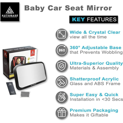 Autobase Baby Car Mirror | Shatterproof Baby Mirror for Car Seat Rear Facing with Wide Crystal Clear View | Fully Assembled Car Mirror for Baby | Newborn Essentials for Travel | Baby Registry Items
