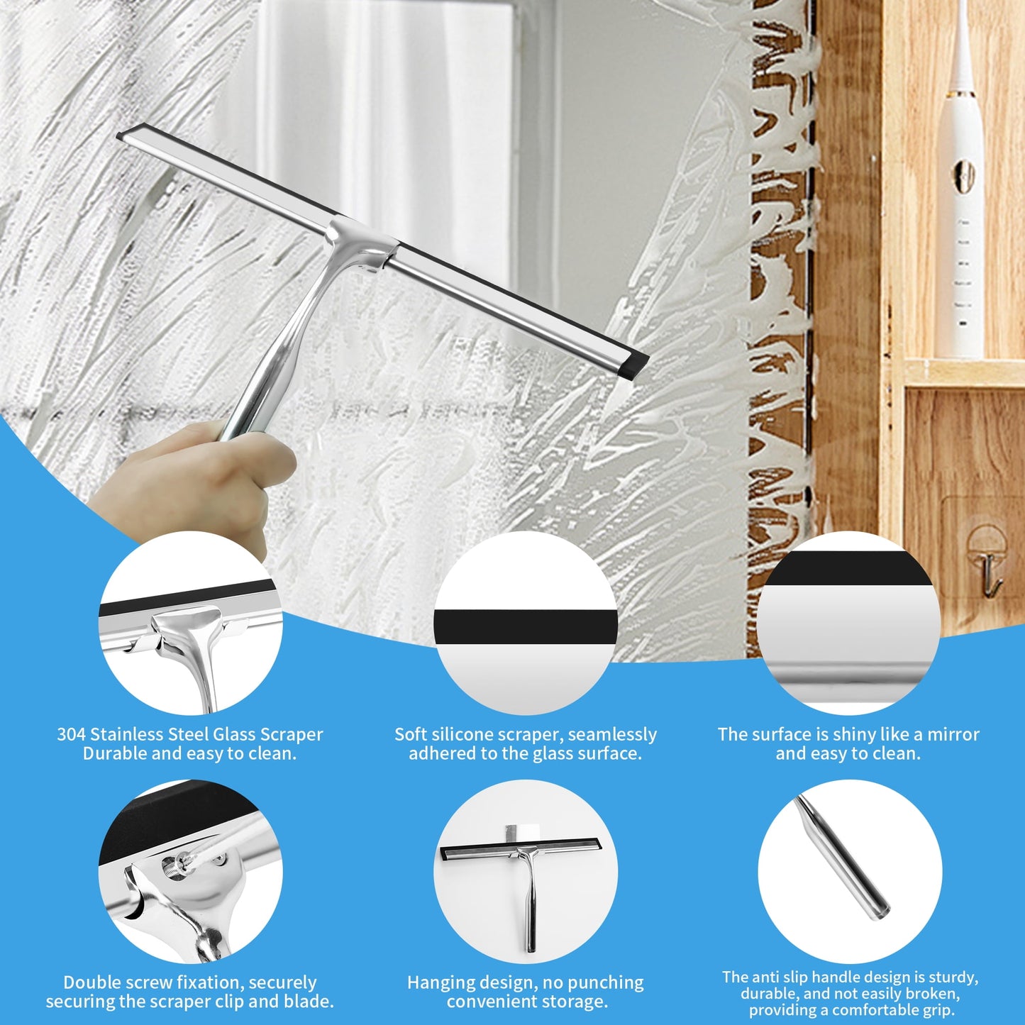 Qissep Multipurpose Shower Squeegee for Glass Doors,10 inch Stainless Steel Handheld Cleaning Squeegee with Hook,for Bathrooms,Glass Doors,Windows,and Car Windows