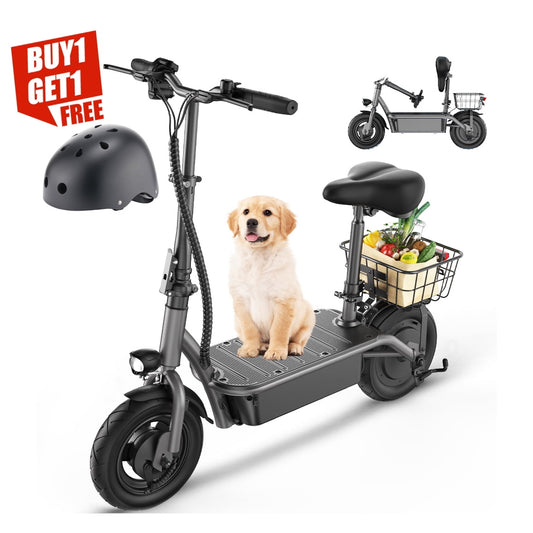 iScooter F2 500W Foldable Electric Scooter with Seat for Adults, 10 Inch Commuter Escooter with Basket & Wide pedals - Up to 18 Miles 19 Mph