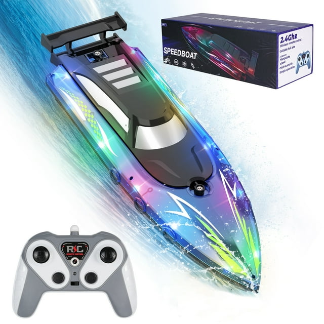 Skyhot Remote Control Boat with LED Lights, 2.4GHz High Speed RC Racing Boats for Lakes, Pool Toys for Kids & Adults, Radio Controlled Watercraft