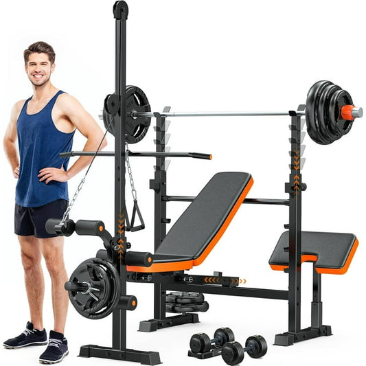 Weight Bench Set, Bench Press With Squat Rack, Adjustable Workout Bench, Olympic Weight Benches for Home Gym With Removable Foot Catch, Flat Incline Bench for Full Body Strength Training