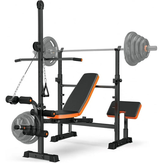 Bench Press Set, 880LBS Adjustable Weight Bench with Leg Extension and Preacher Curl Pad, 8 IN 1 Multi-Function Gym Bench with LAT Pulldown Pulley System, Full-Body Workout Home Gym Equipment